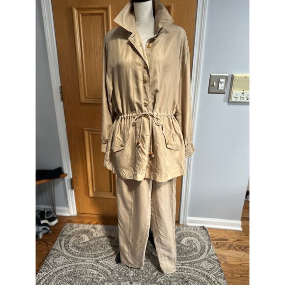 Vintage 80s/90s Apart 100% Silk 2 Piece Set Jacket & Pants Women’s Medium Beige - Picture 1 of 16